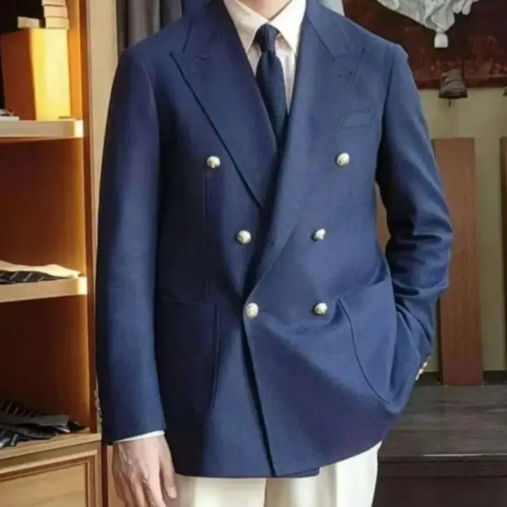 

Men's Navy Blue Double Breasted Suit Jacket Peak Lapel Formal Wedding Party Tuxedo Blazer High Quality Groom Wear Customized