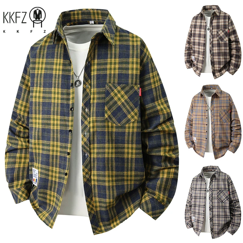 Soft Breathable Check Pattern Shirt Loose Fit Turn Down Collar Pocket Label Autumn Daily Men Casual Outer Blouse