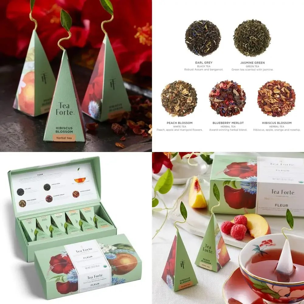 

Fleur Petite Presentation Box Tea Gift Set Sampler, 10 Count, 2 of Each Variety Individually Wrapped Handcrafted Pyramid Infuser