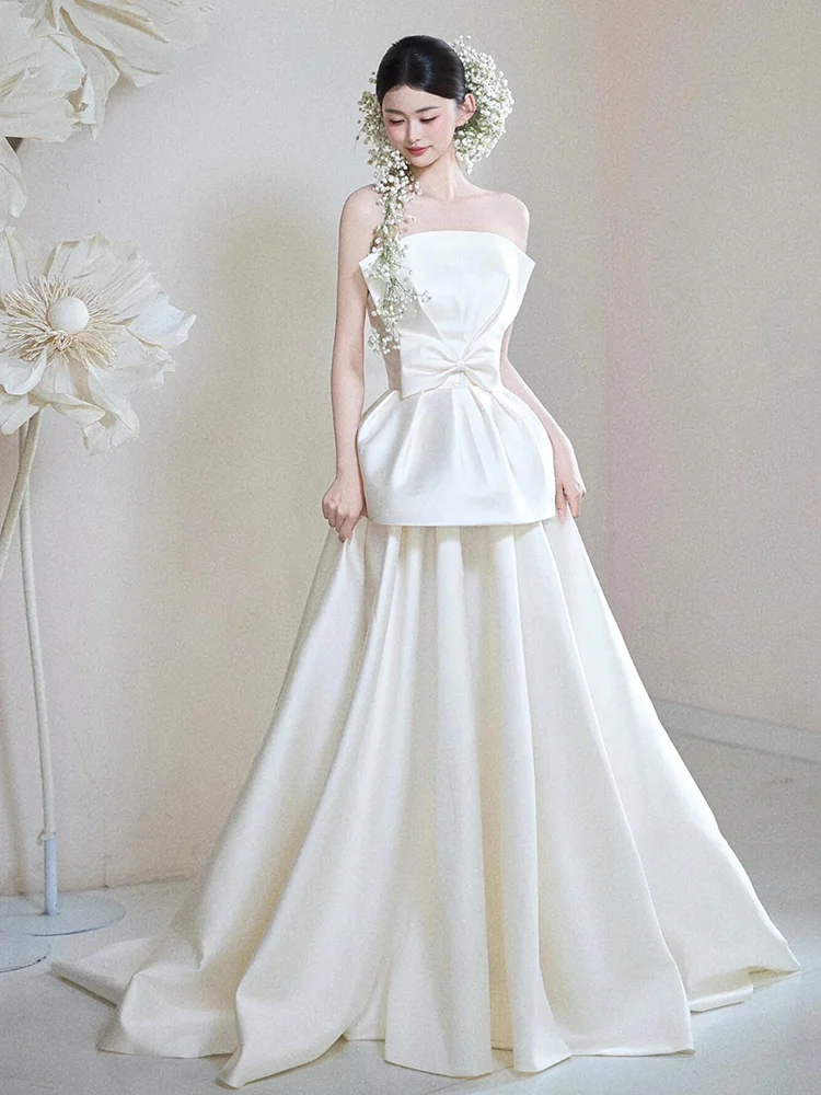 

Ele Satin Wedding Dr Bridal Gown Simple Elegance Strapl Floor Length Draped Tail White Dr for Hotel Indoor Use