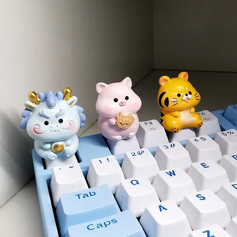 Chinese Zodiac Cute Keycaps Set Diy Custom Mechanical Keyboard Decoration Dragon KeyCaps Animal Series 3D Resin ESC Point Keycap