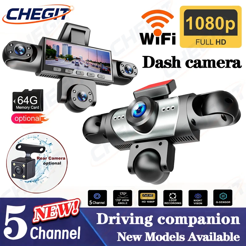 Câmera de painel 1080P para carros, nova câmera com wi-fi, 360 graus, frontal + esquerda + direita + interior + câmera de visão traseira, gravador de vídeo, acessórios para carro