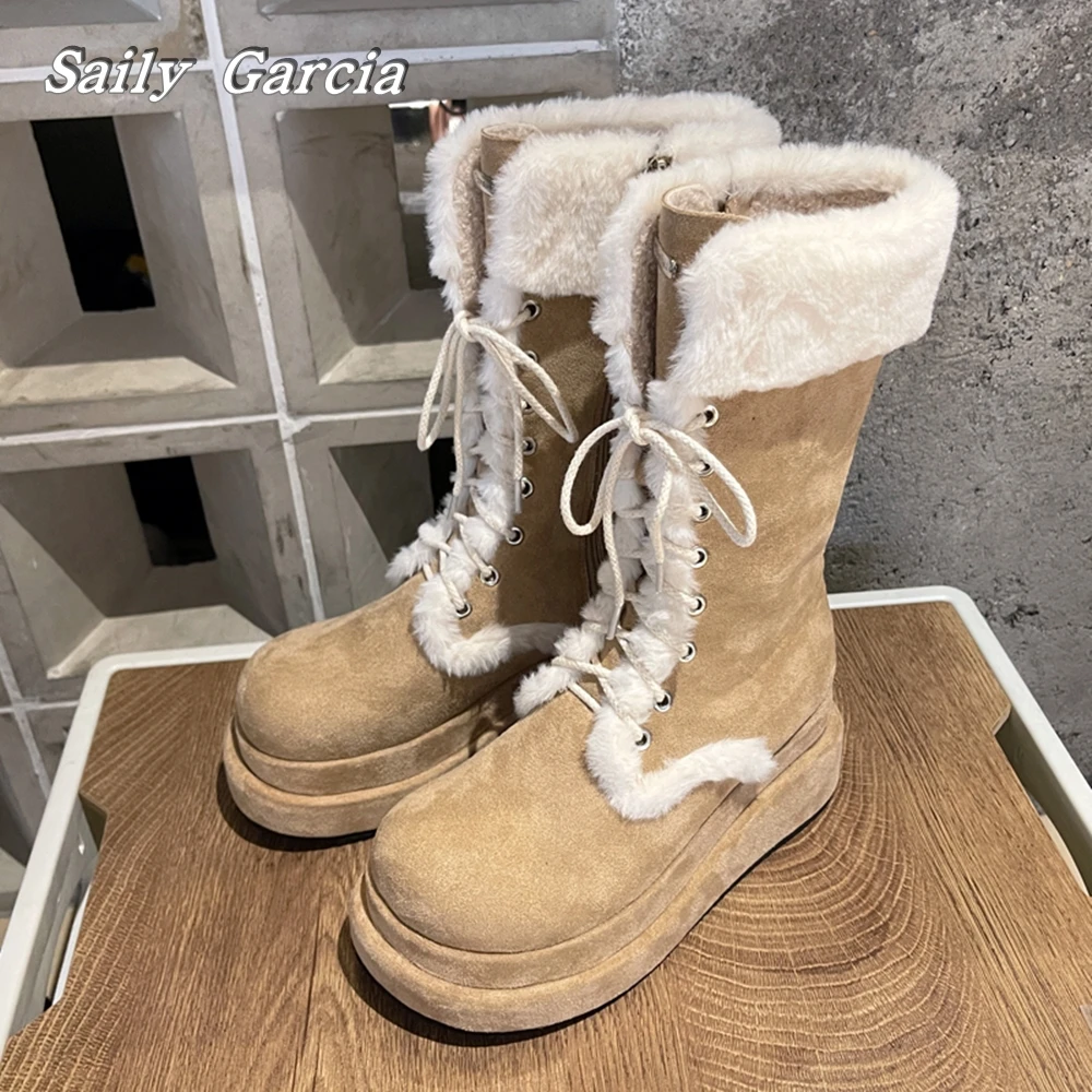 

Suede Flange Fur Wool Side Zipper Thicked-Sole Snow Boots 2023 Winter New Solid Mid Calf Women Boots Round Toe Short Plush Boots