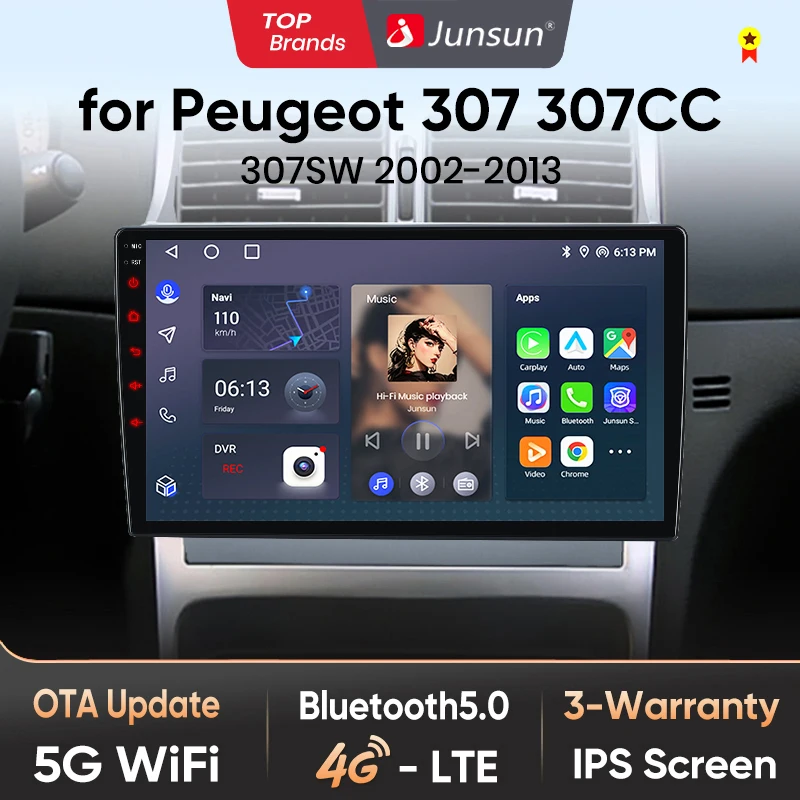 Autoradio Junsun AI sans fil CarPlay pour Apple Android Auto pour Peugeot 307 307CC 307SW 2002 2003-2013 Navi BT DSP RDS GPS FM