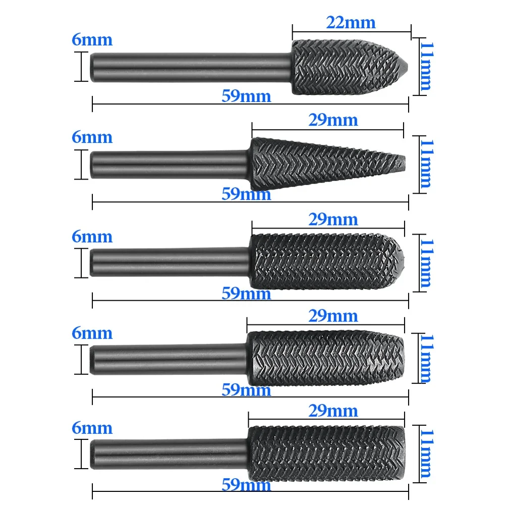 5pcs Rotary Steel File Set Drill Bits Burrs Metal Grinding Grooved Sanding Engraving Milling Polishing Tool 6mm Round Shank