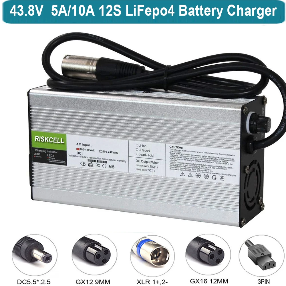 LiFePO4 Battery Charger 36V 5A 43.8V 10A Lithium Iron Phosphate Battery Smart Charger for 12S 36V Automotive Car RV Lawn Mower