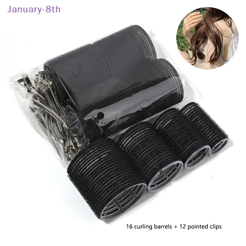 16pcs/set Black Self-Grip Hair Rollers With Clips Heatless Hair Roller Jumbo Sticky Hair Roller Set Salon Hair Dressing Curlers