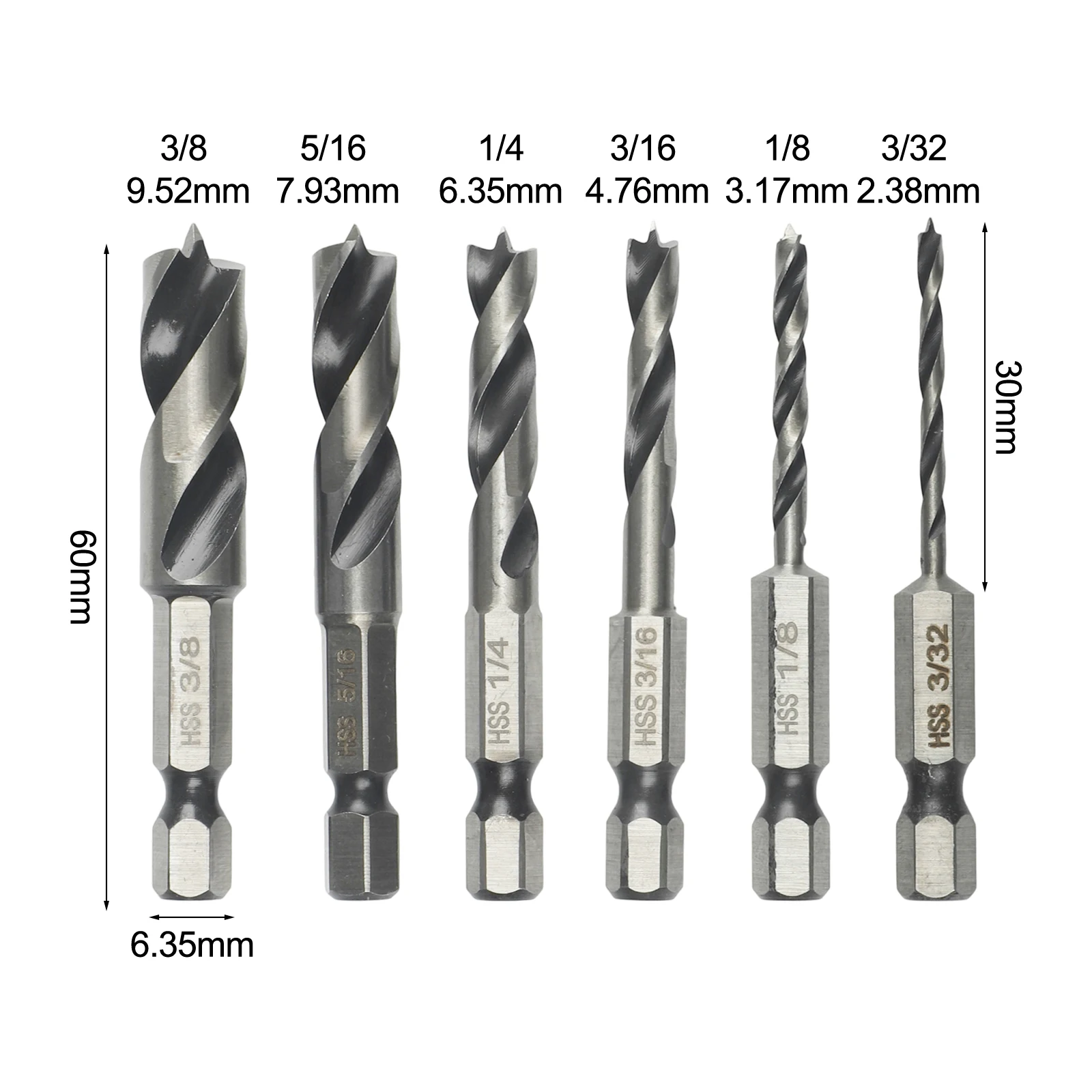 6 Stuks Punt Boor Hoge Snelheid Staal Voor Hout Met 1/4 Inch Verandering Hex 3/32 1/8 3/16 1/4 5/16 3/8 Hardware Accessoires