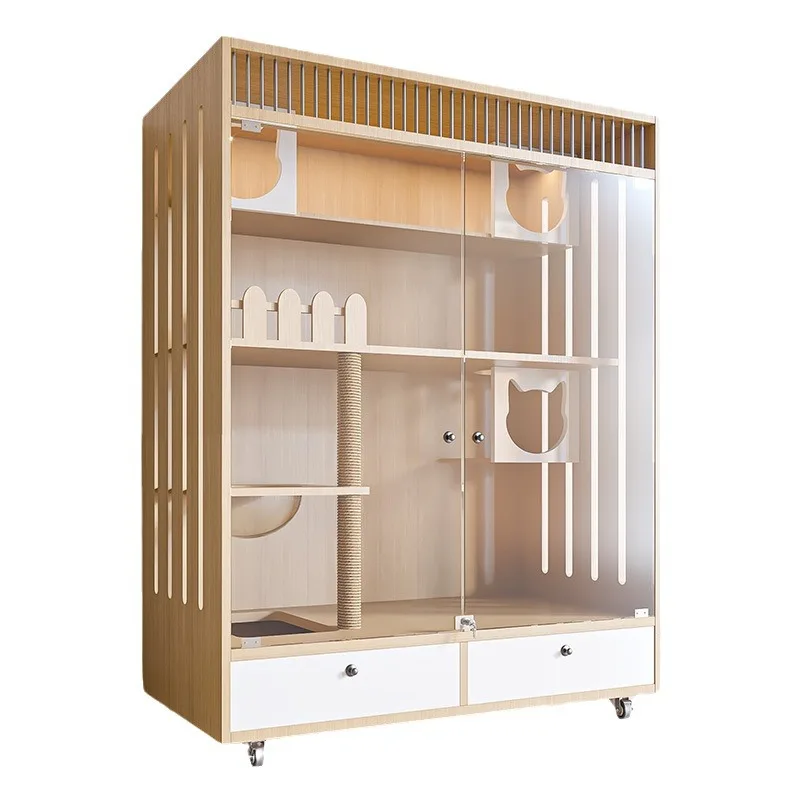 

Cat villa indoor household cat house with toilet integrated solid wood cat cage