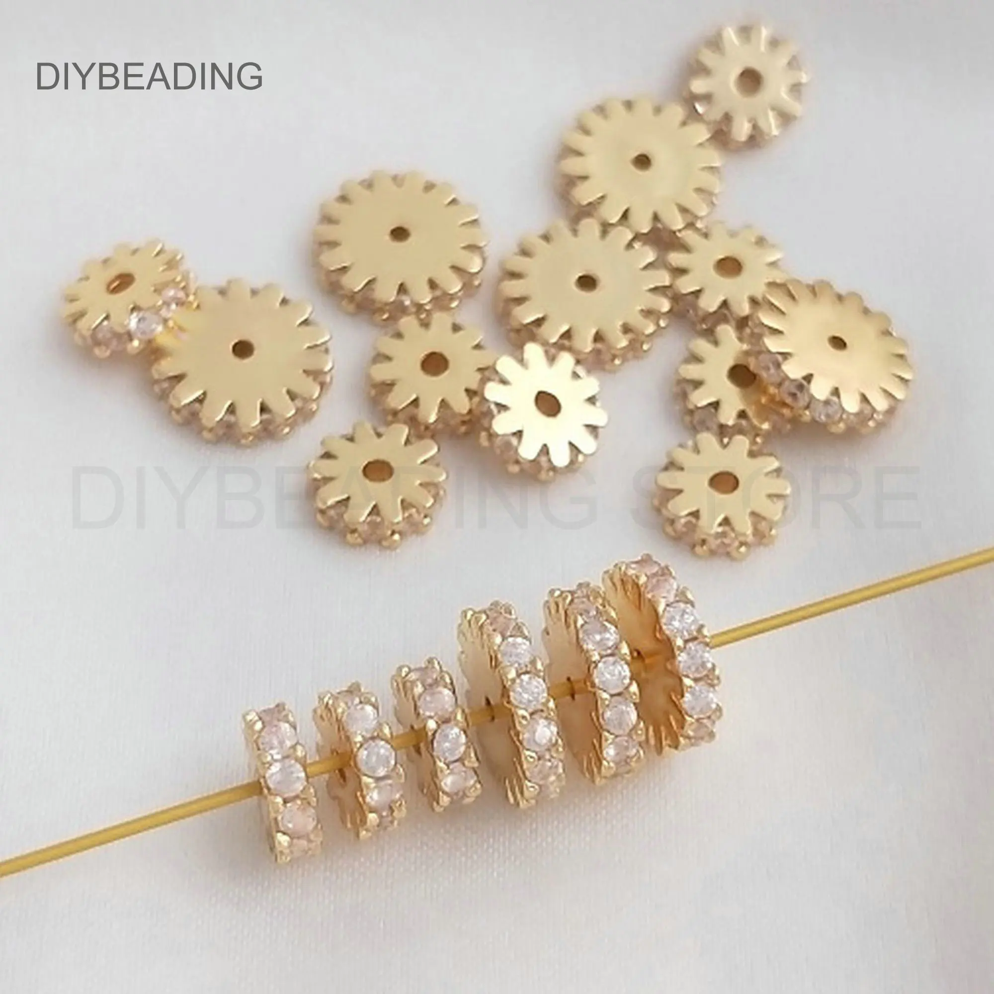 

Gear Beads for Jewelry Making 14K Gold Plated Brass and Rhinestone Loose Connector Spacer Beads Lots Wholesale Supply (6/ 8mm)