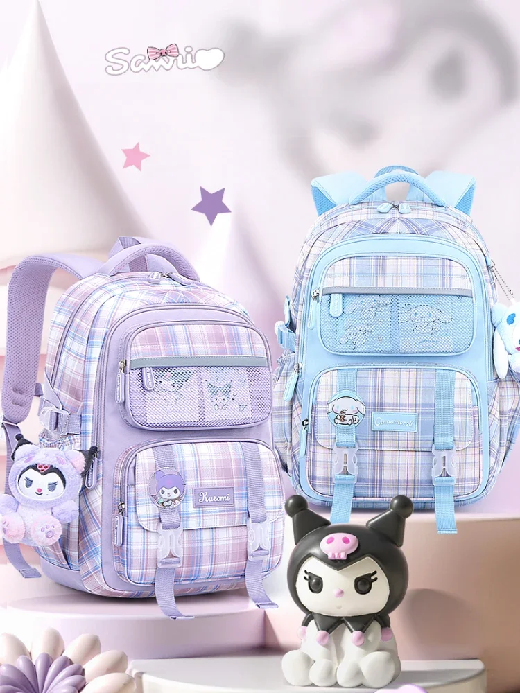 Sanrio Bolsa Primária para Mulher, Hello Kitty, Kuromi Girl Cinnamoroll, Mochila de Proteção da Coluna de Crianças, Mochila Escolar Bonito