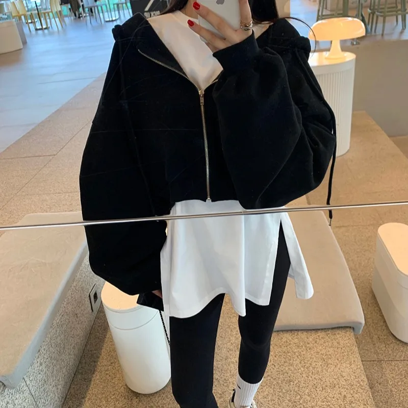 Fashionable Mid-Length Long-Sleeve Women's T-Shirt Base Layer White Two-Sided Slit Casual Loose Fit Autumn Seasonal Wear