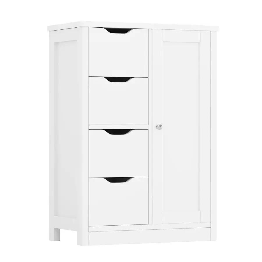 

Bathroom Floor Storage Cabinet, Wooden Storage Organizer with 4 Drawers and 1 Cupboard, Freestanding Bathroom Furniture, Home S