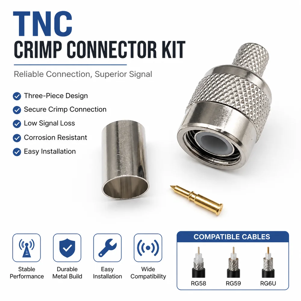 Metal TNC Crimp Connector Kit Threaded Coupling Crimp Termination TNC Male Plug Silver Three Piece Assembly Cable Connector
