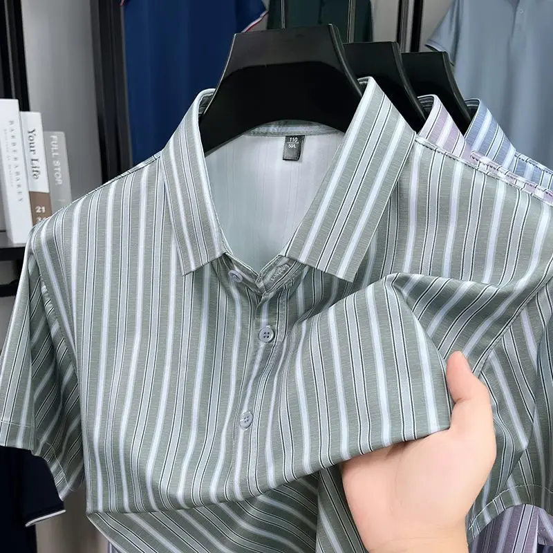 GELITAYIN Summer Non Ironing Shirt Men's Striped Ice Silk Button Causal Business Tshirts Thin Quick Drying Flip Collar Short Sle