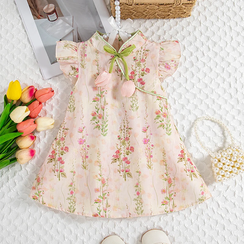 Summer New Chinese Retro Style Baby Girl Sleeveless Dress, Sweet Pink Tulip Children\'S Clothing (9 Months -4 Years Old)