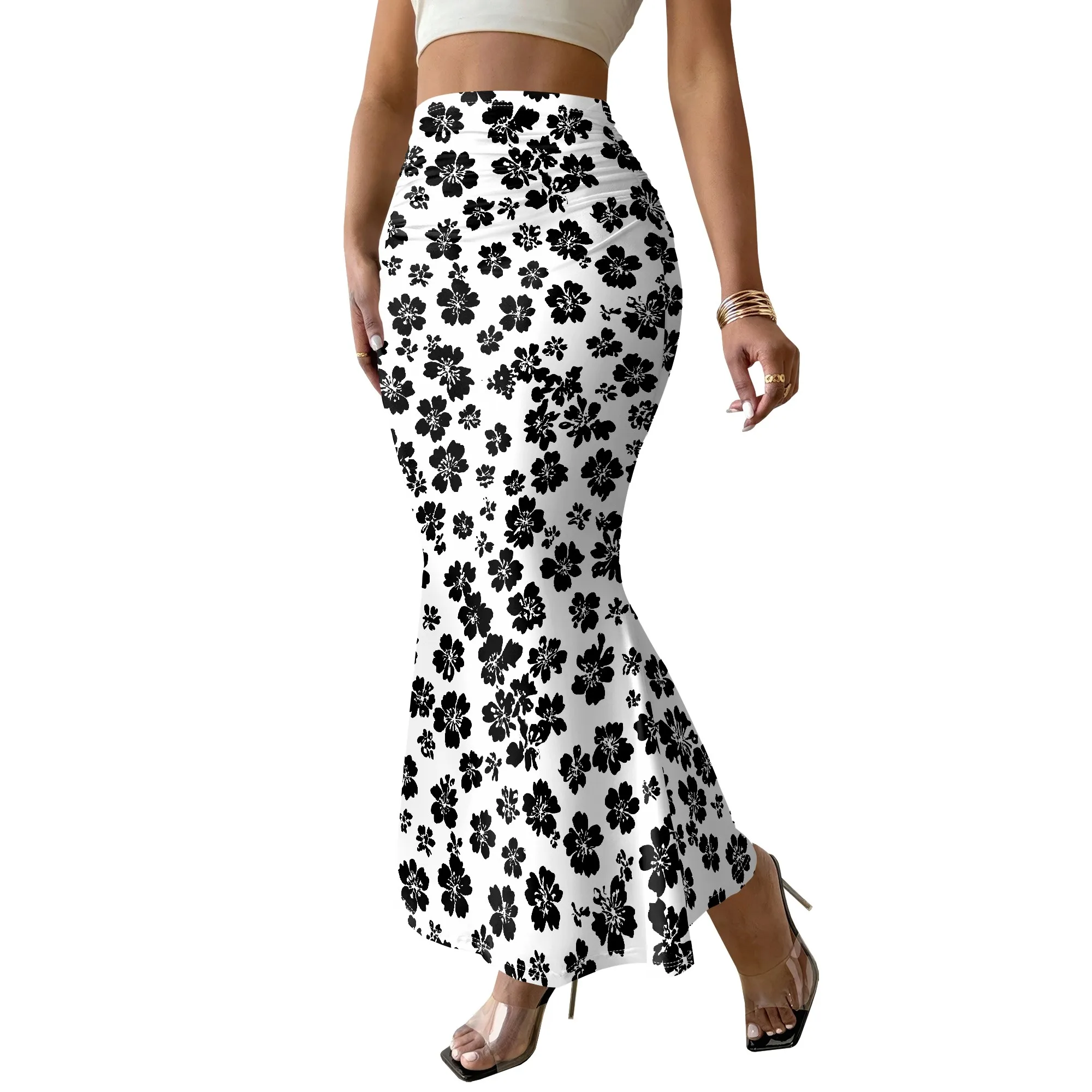 Floral Print Mermaid Skirt, Black Flower Pattern Midi Skirt, High Waist Bodycon Skirt for Women, Casual Party Beach Wear, S-3XL