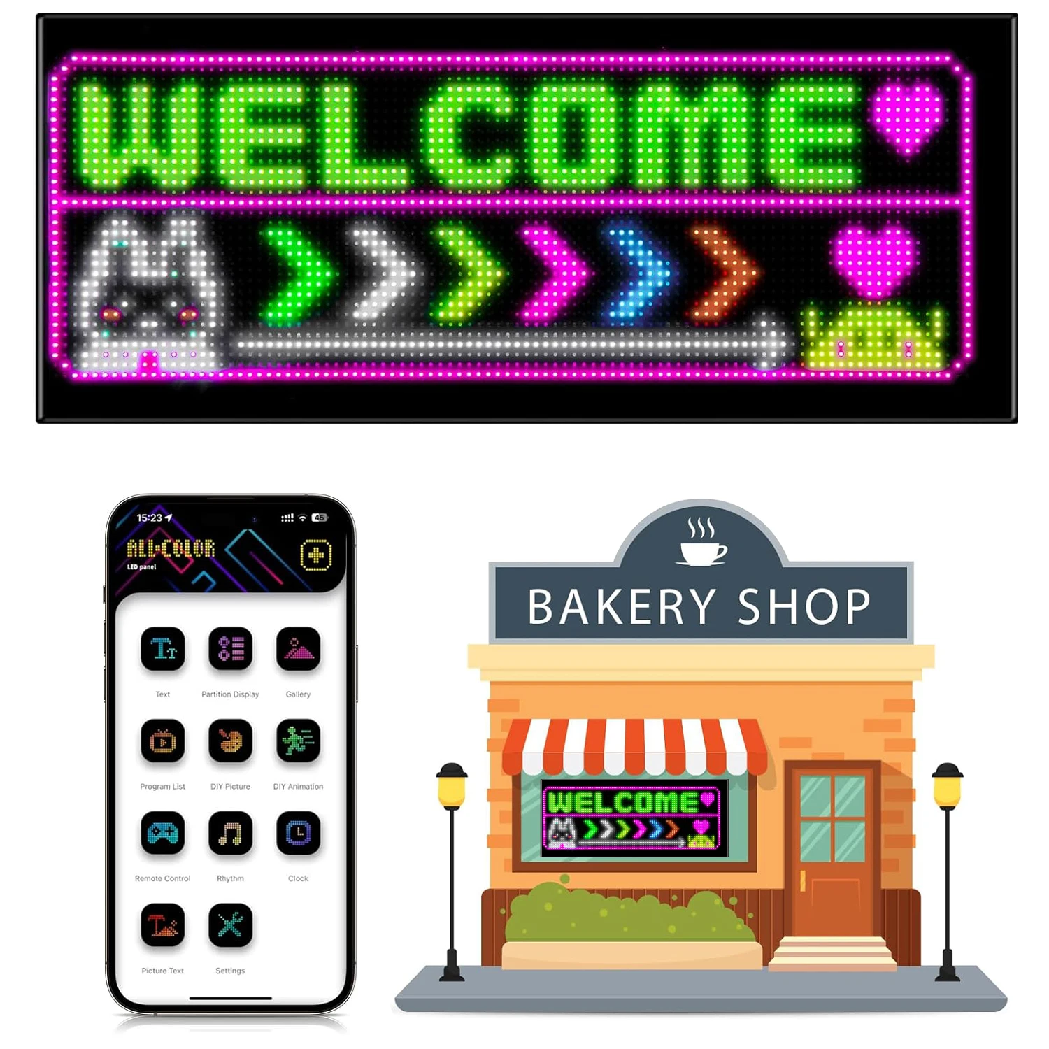 RGB Flexible Dual Screen LED Display Panel,  APP Custom Programmable Two Rows Scrolling Text LED Billboard for Commercial Store