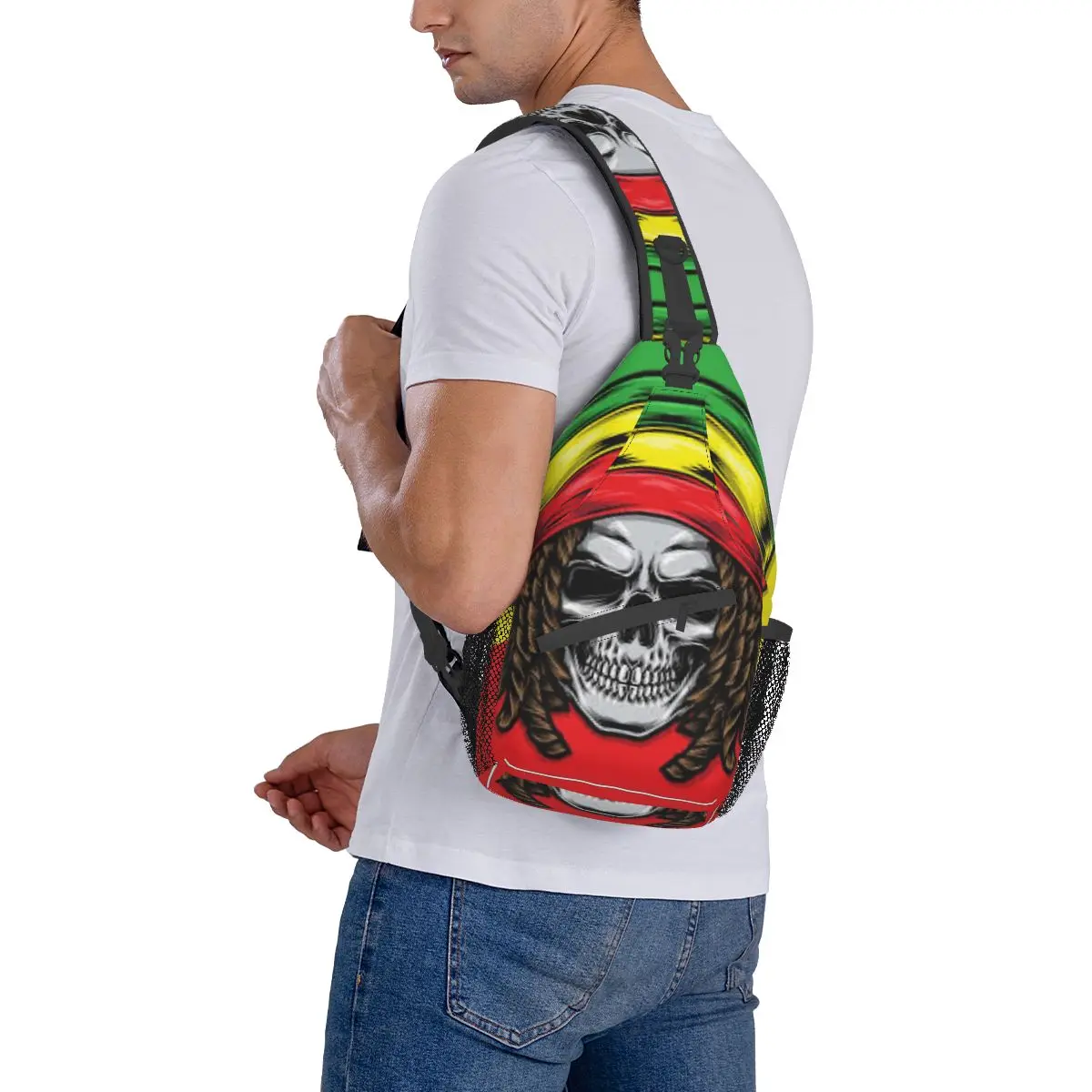 Rasta Skull Sling Tassen Borst Crossbody Schouder Rugzak Reizen Wandelen Daypacks Reggae Dreadlocks Rastafarian Jamaica Boekentas