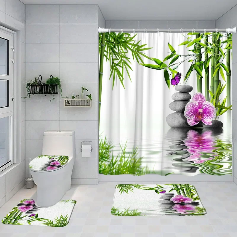 Ensemble de Rideaux de Douche Vermont en Bambou Vert, Orchidée Violette, Papillon, Pierre Grise, Spa, Paysage Naturel, Polymères de Bain, Couverture de Toilette