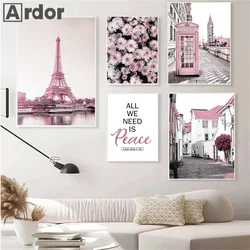 Modern Pink Flower Poster Eiffel Tower Mailbox Architecture Art Print Quotes Wall Art Canvas Painting Nordic Pictures Home Decor