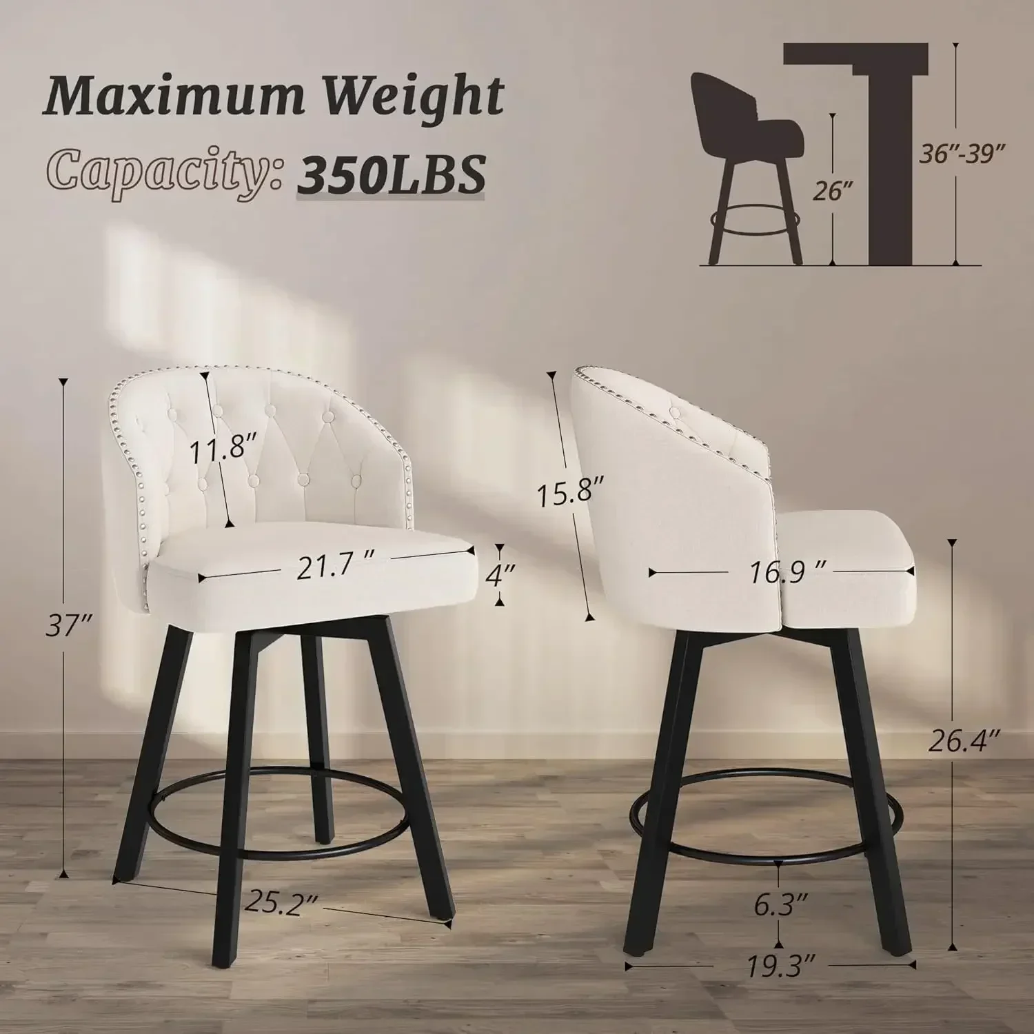 [Limited Time Offer, Buy Now!]Counter Height Bar Stools Set of 3, 26" Swivel Fabric Upholstered Bar Stools, Retro for Kitchen Is