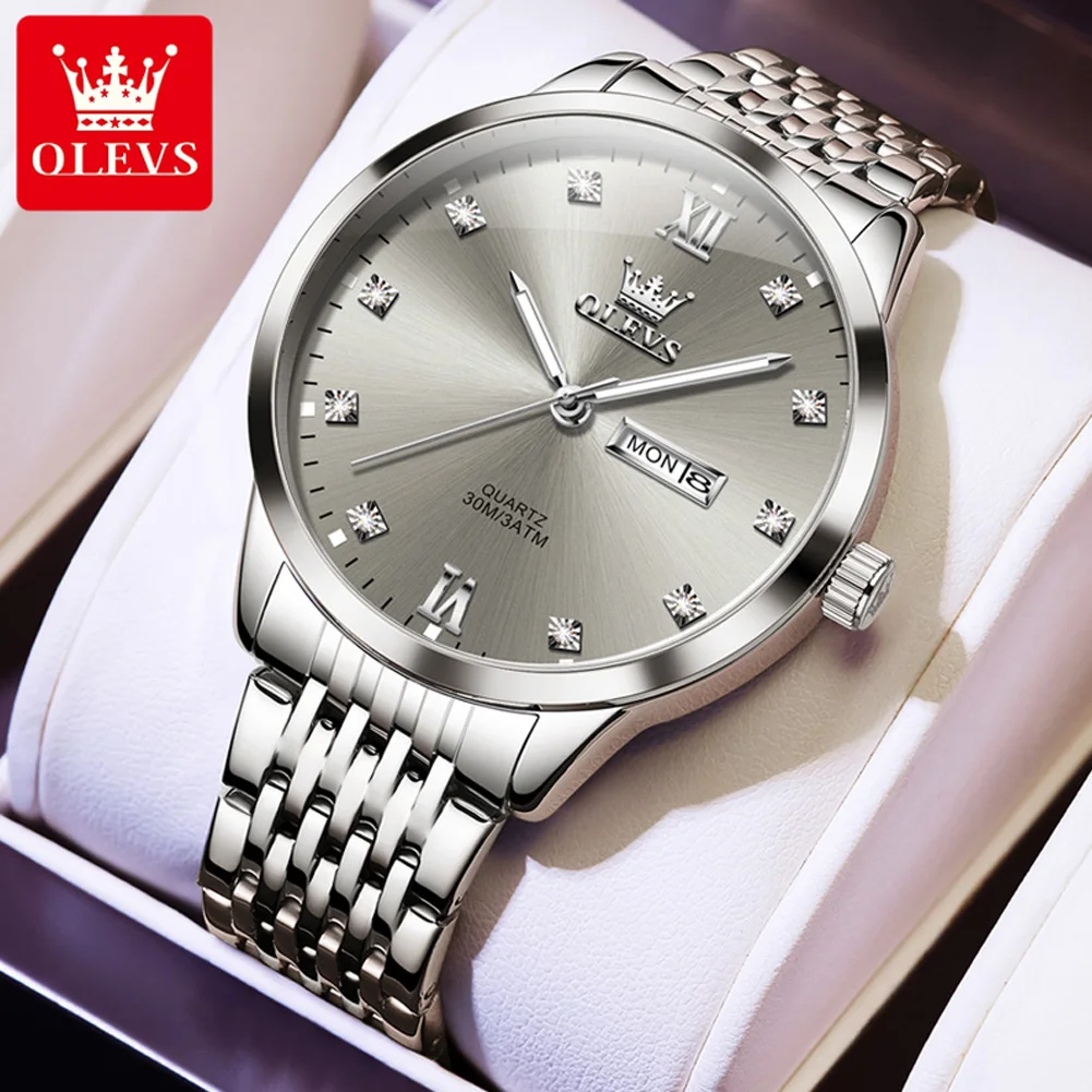 OLEVS 2943 Fashion Dual Calendar Quartz Watch For Men 43mm Big Dial Waterproof Hand Clock Diamond Scale Business Man Watches