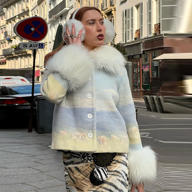 Bedruckte Kunstpelz-Patchwork-Wollkurzmäntel für Damen, Street-Style, Reverskragen, Langarm, Lose Jacke, Herbst-Winter, Schicke Damen-Oberbekleidung, Neuheiten – Detail 7