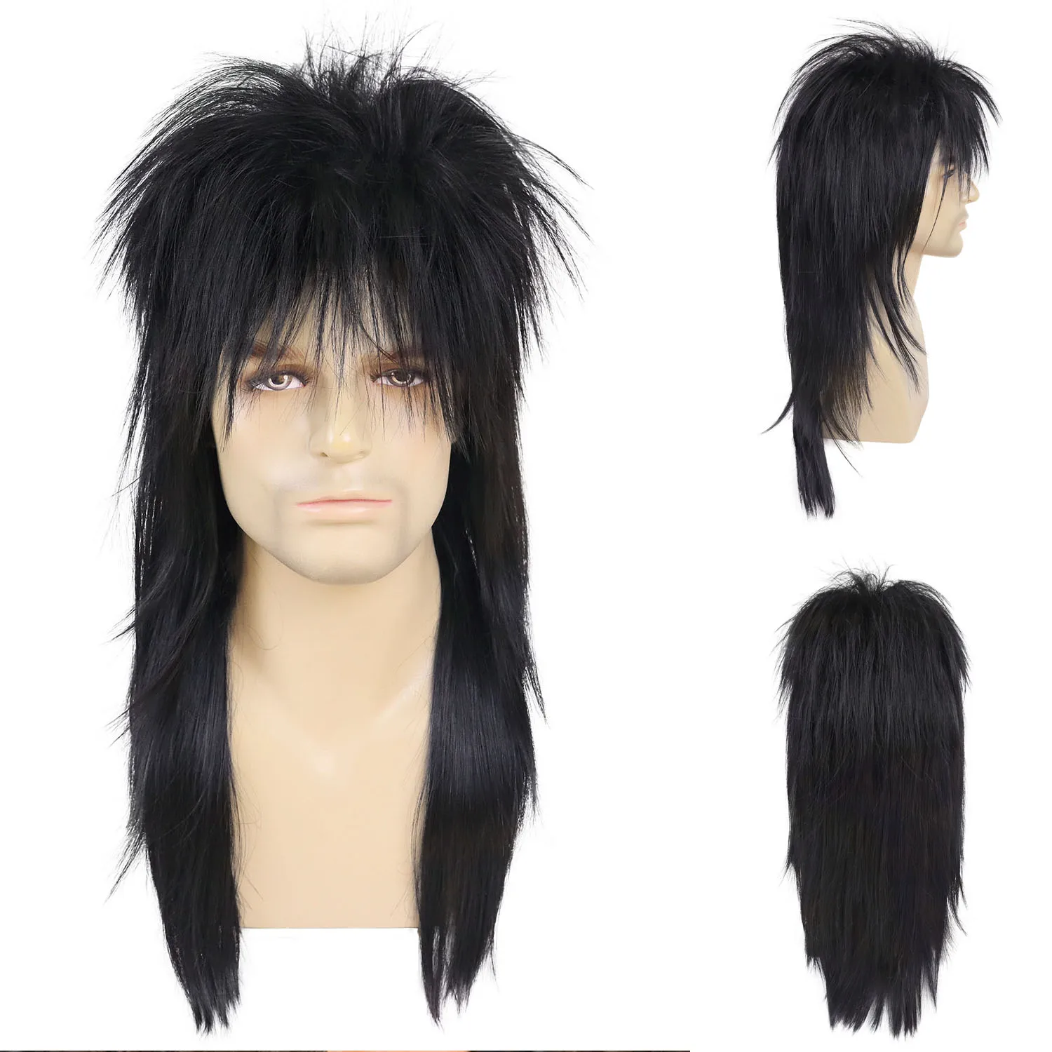 

Fluffy Black Long Straight Synthetic Mullet Wig for Men 70s 80s Heavy Metal Rock Party Heat Resistant Daily Cosplay Costume Wigs