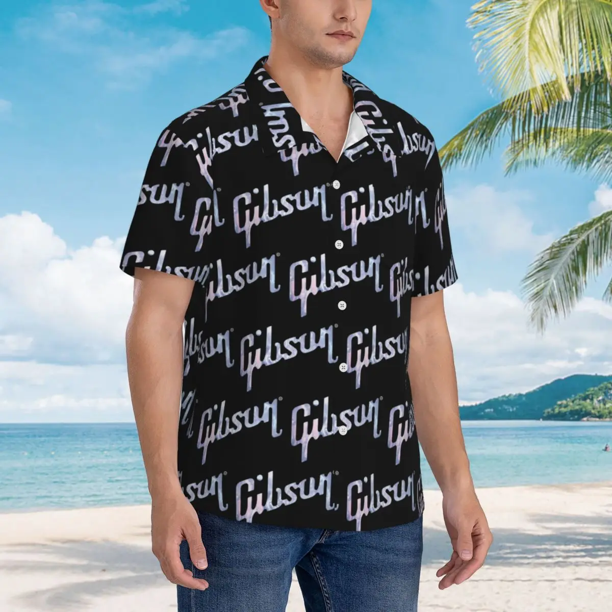 

Gibsons Music 1894 Logo Hawaiian Shirts Casual Men Short Sleeve Shirt for Summer Beach Men's Lapel Tops