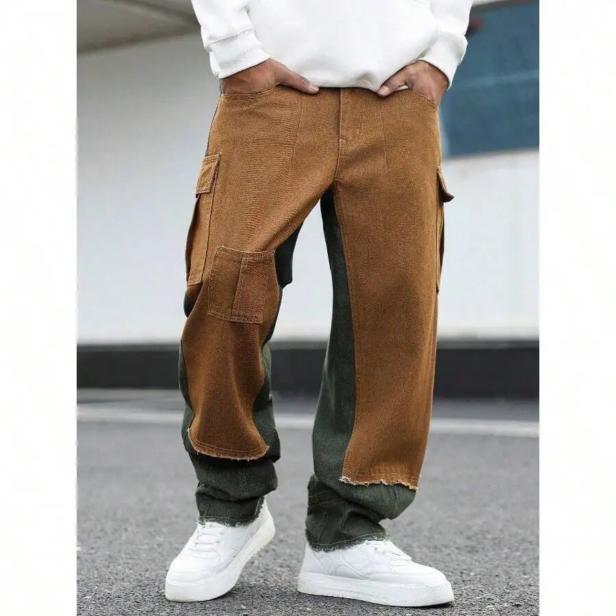 

Mens Contrast Color Frayed Hem Cargo Pants Wide Leg Denim Street Casual