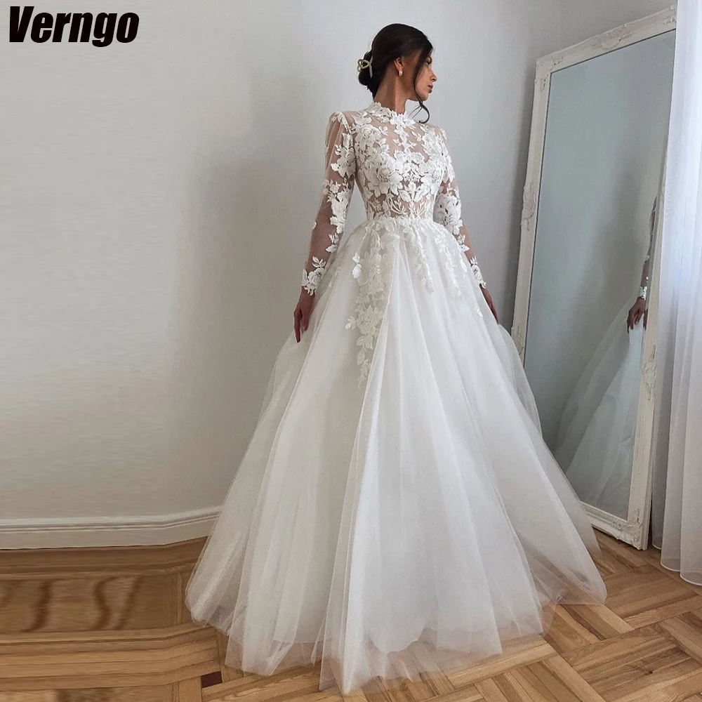 

Verngo A-line Wedding Dresses High Neck Long Sleeveless Women Bridal Gown Tulle Appliques 2024 Bridal Dress Vestido De Novia