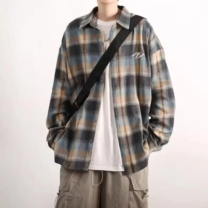 Retro Plaid Shirt Jacket Contrast Color Men's Long Sleeve