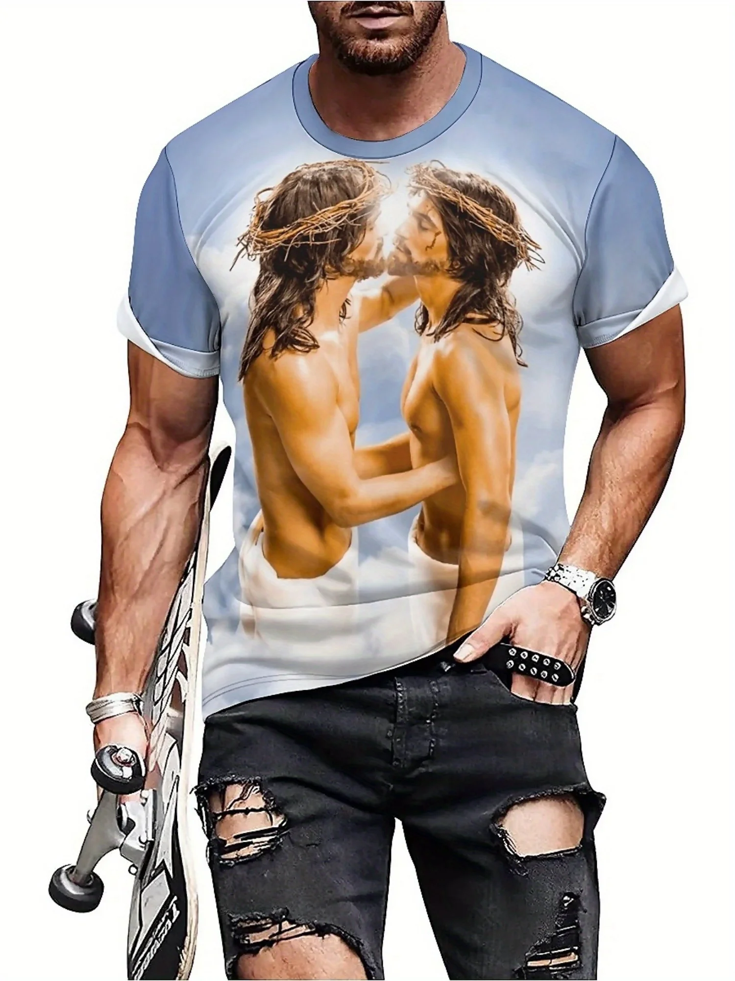 Camiseta masculina plus size hip-hop Jesus – estampa digital 3D legal, manga curta, poliéster, casual e de festa