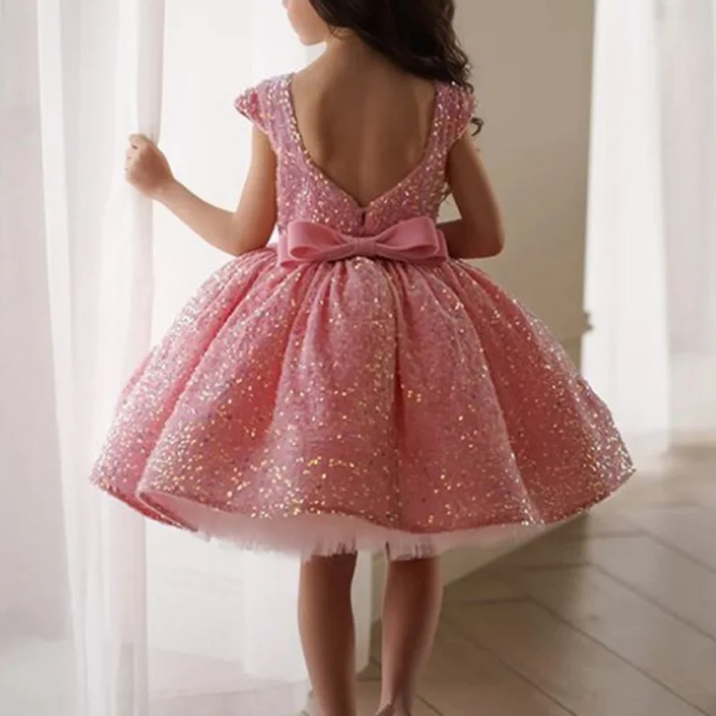 Customized Elegant Sweet Flower Girls Dresses Sequined Ball Gown Princess Vestidos O-neck Short Flying Sleeve Kids Birthday Part