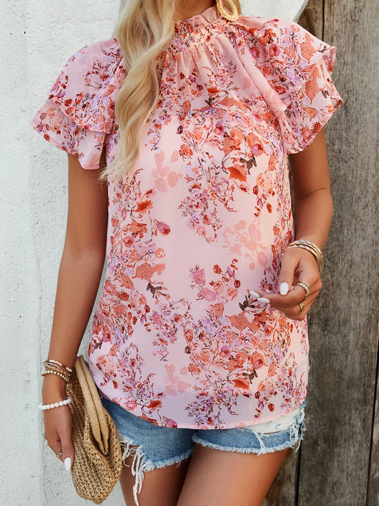 

Vintage Boho Blouse Women Elegant Floral Print Tops Female Summer Short Sleeve Ruffle Shirts Ladies Casual Round Neck Tees