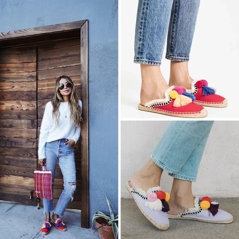 Insta Street Style Mules Shoes Women Espadrilles 2023 Summer Slippers Pompom Sandals Colorful Tassels Beach Slides Shoes Woman