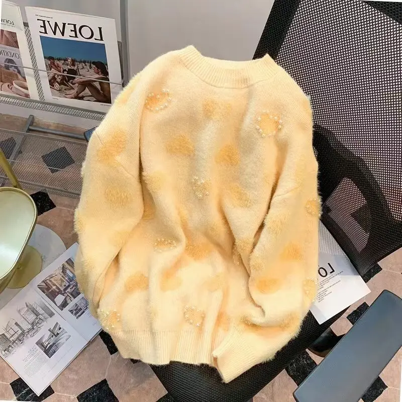 Gentle Style Plush Love Pullovers Women Autumn and Winter Milk Yellow Niche Loose Korean Thick Soft and Sticky Knitting Sweaters