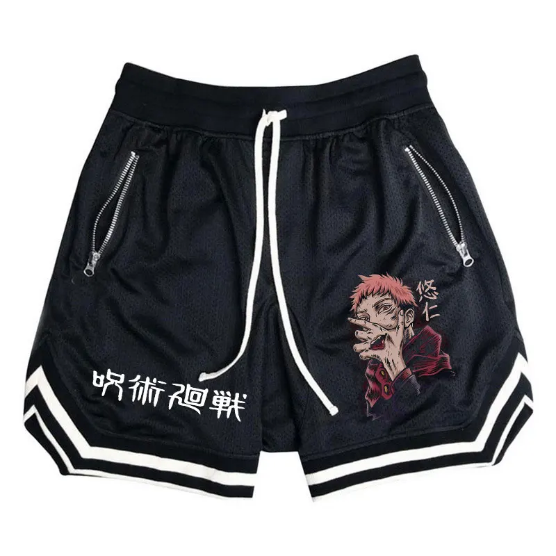 Basketball Shorts Men Striped Running Sport Gym Anime Jujutsu Kaisen Shorts Mesh Breathable Fitness Training Workout Bottom Male