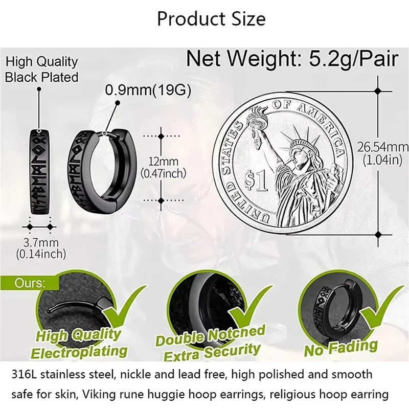 Stainless Steel Norwegian Viking Rune Hoop Earrings For Men Woman Unisex 12 Mm Huggie Hoop Religious Earring Jewelry image 2