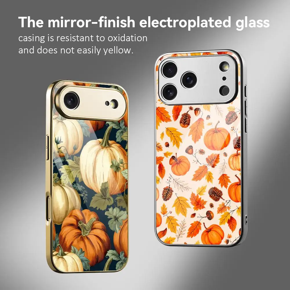Funda para Teléfono con Diseño de Calabaza para iPhone 17 16 15 14 13 12 Pro Max Plus, Carcasa Metálica Electrochapada Antigolpes