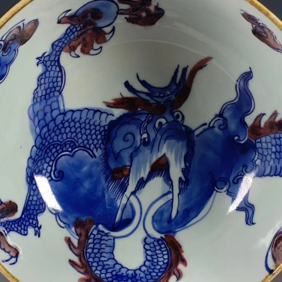 Chinese Wenwan Porcelain Large Bowl, Qing Dynasty Style Underglaze Red Wall-Crossing Dragon Pattern Big Decorative Bowl