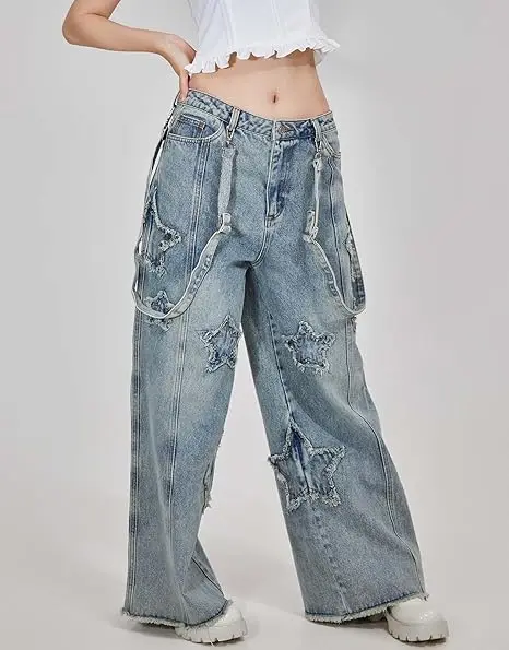 USA Stock-  Women's Wide Leg Baggy Denim Bib Pants Jeans Pants with Detachable Shoulder Straps and Pockets view 4