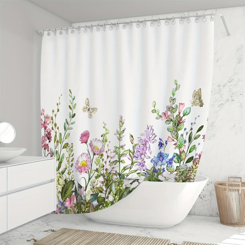 1pc Floral And Butterfly Shower Curtain 180x180cm, Pink Purple Blue Blossoms Pattern, Bathroom Window Decor With Plastic Hooks,