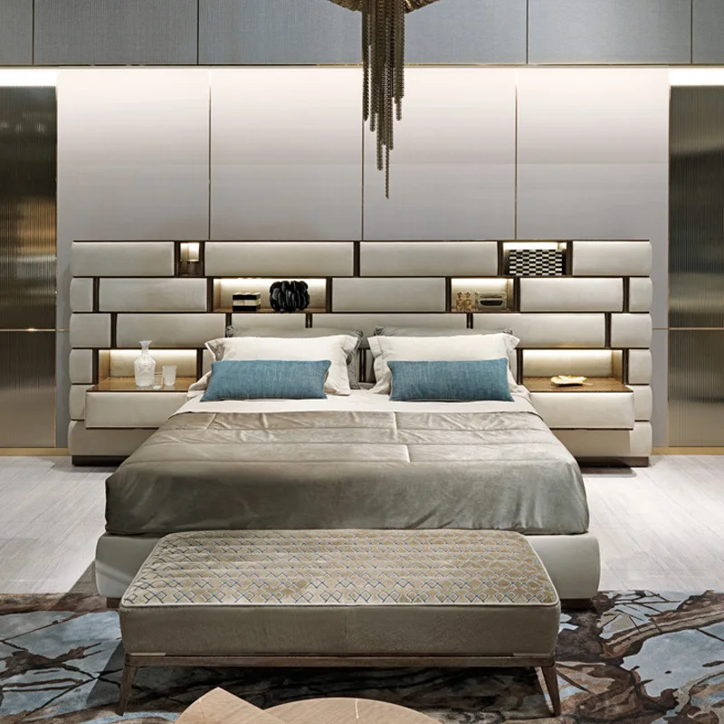 Italian leather bed light luxury master bedroom modern simple minimalist double bed bedroom high-end villa senior feeling