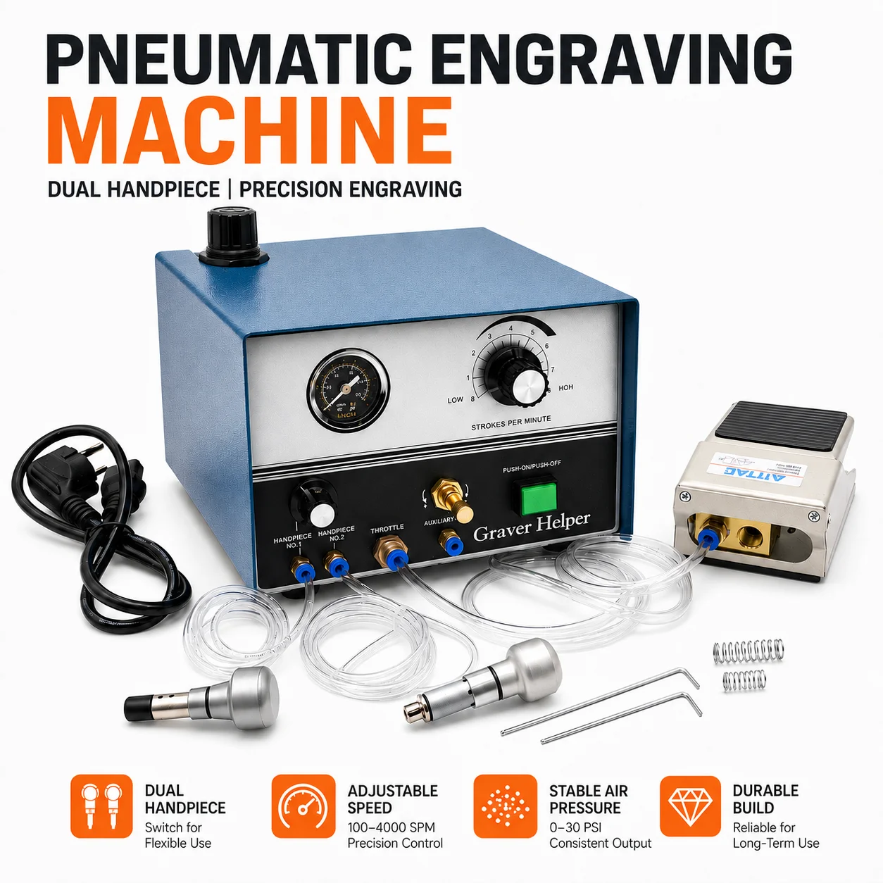 110V Double Ended Jewelry Pneumatic Engraver Machine 100-4000RPM Graver Helper With 2 Handpieces, Foot Control 60W Precision Jewelry Carving Tools Jewelry Engraving Machine