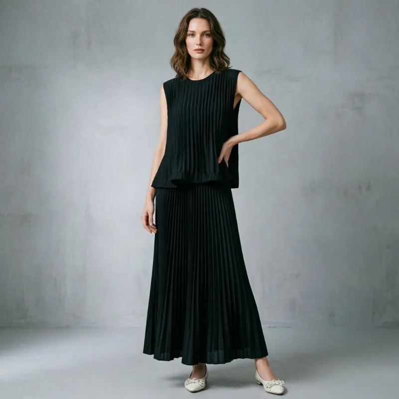 Miyake Pleated Skirt Set Plisse 2026 Summer New Pleats Top and Skirt Light Luxury Simple High-end Skirt Ruffle Set for Women