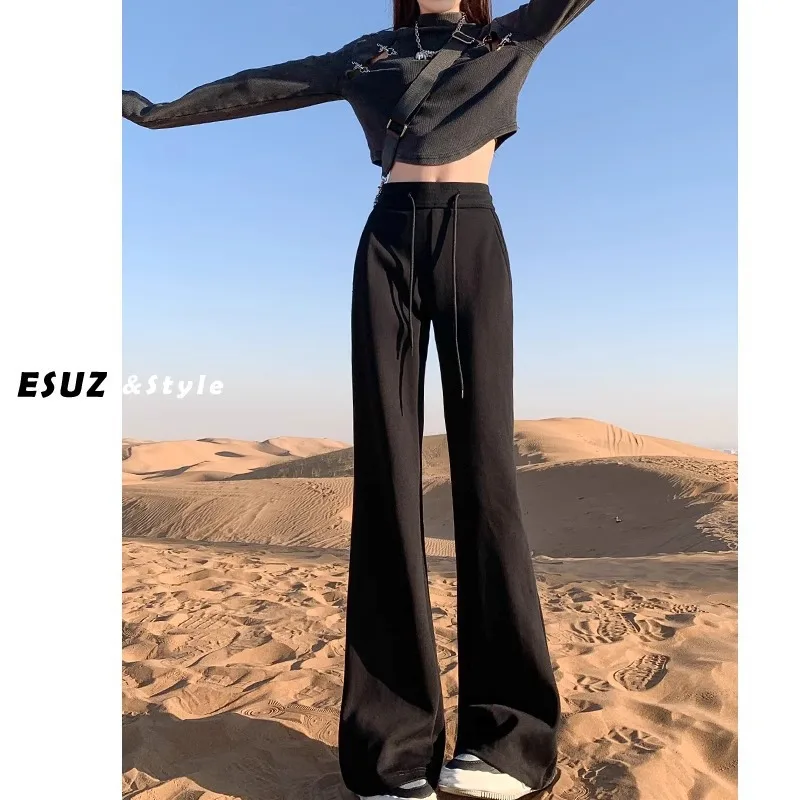 

Black Flared Casual Sweatpants For Women 2025 High Waist Slimming Sports Draped Floor-Length Bootcut Pants Spring Outfit