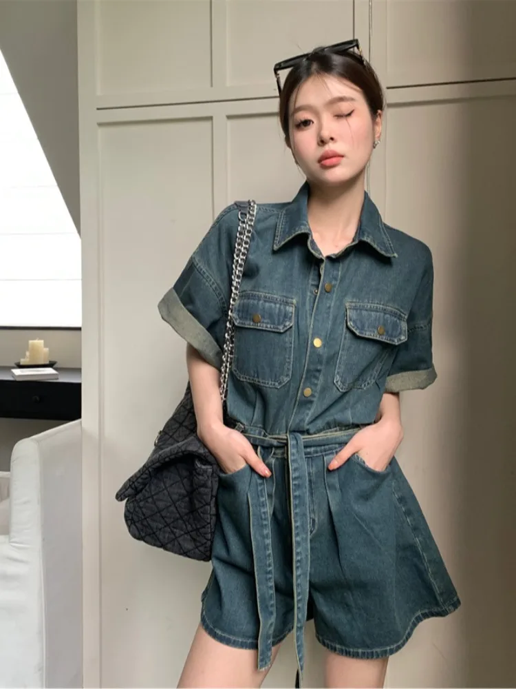 

plus Size Women's Vintage Denim Rer Loose Fitting ort Pants High Waist Button Detail ket Detail Regular Thin