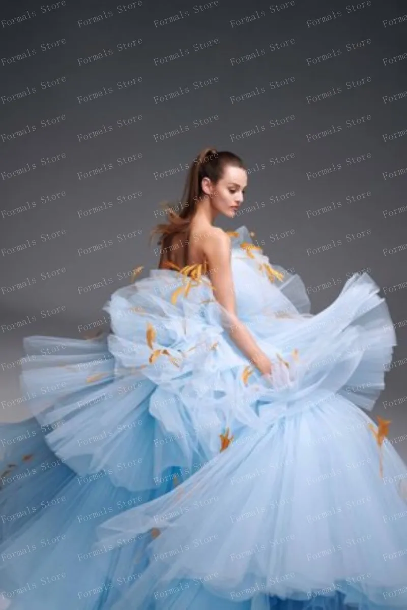 Luxuries Blue Tulle Ball Gown Off Shoulder Layered Evening Dress With Feathers Floor Length Prom Dresses Open Back Women Clothes